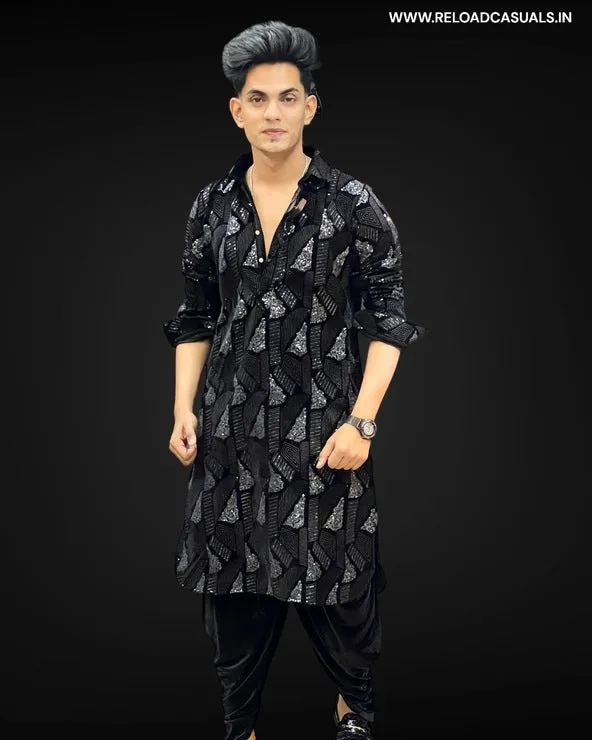 Velvet Classic Pattern Pathani & Pyjama - Combo