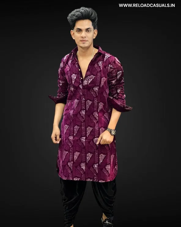 Velvet Classic Pattern Pathani & Pyjama - Combo