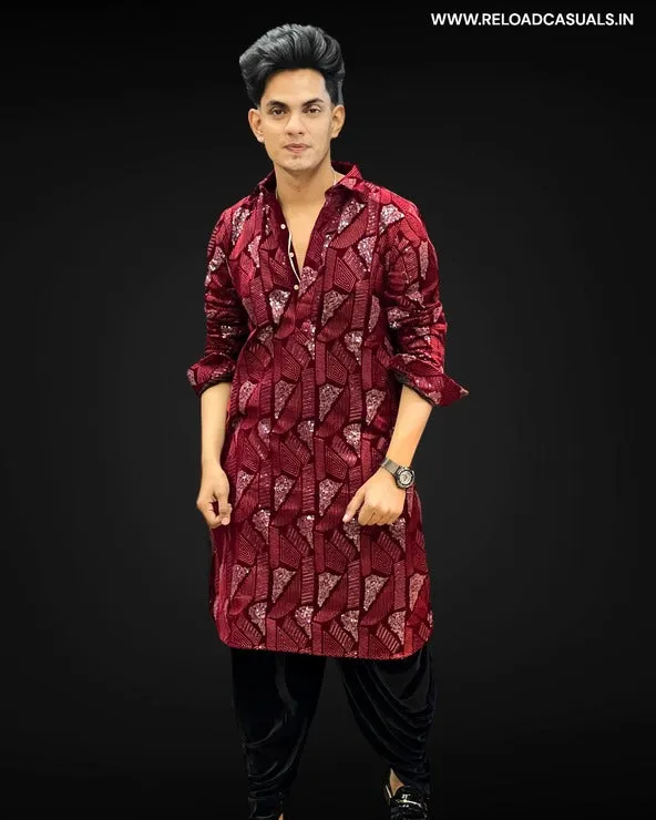 Velvet Classic Pattern Pathani & Pyjama - Combo