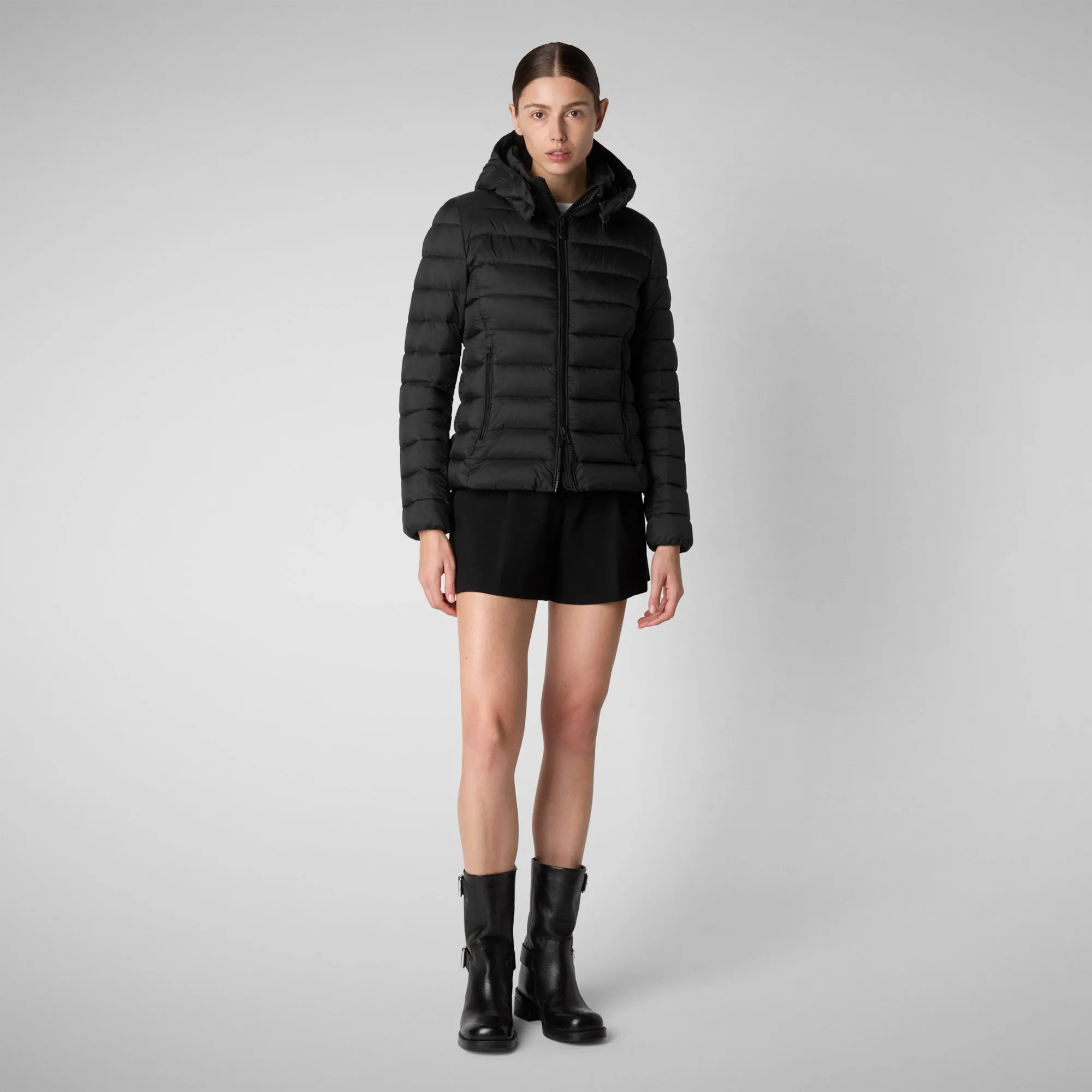 Woman's animal free hooded puffer jacket Amelie in black