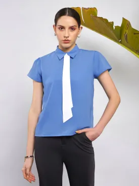 Women Dull Blue Neck Tie Detail Top